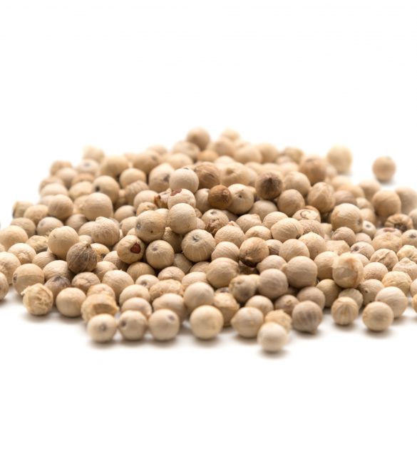 Pile of white pepper isolated on white background selective focus